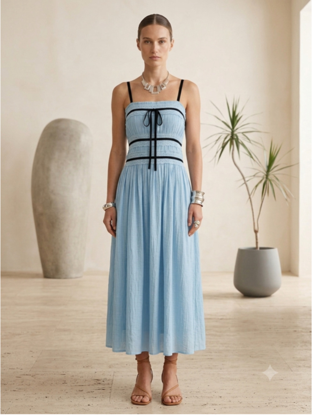 Gacaky Light Blue Midi Sundress Womens M Smocked Lace Trim Black Bow Cottagecore